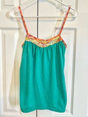 Xhilaration Sz M Teal Tank Top Floral Trim Strappy Boho Lightweight Summer Women